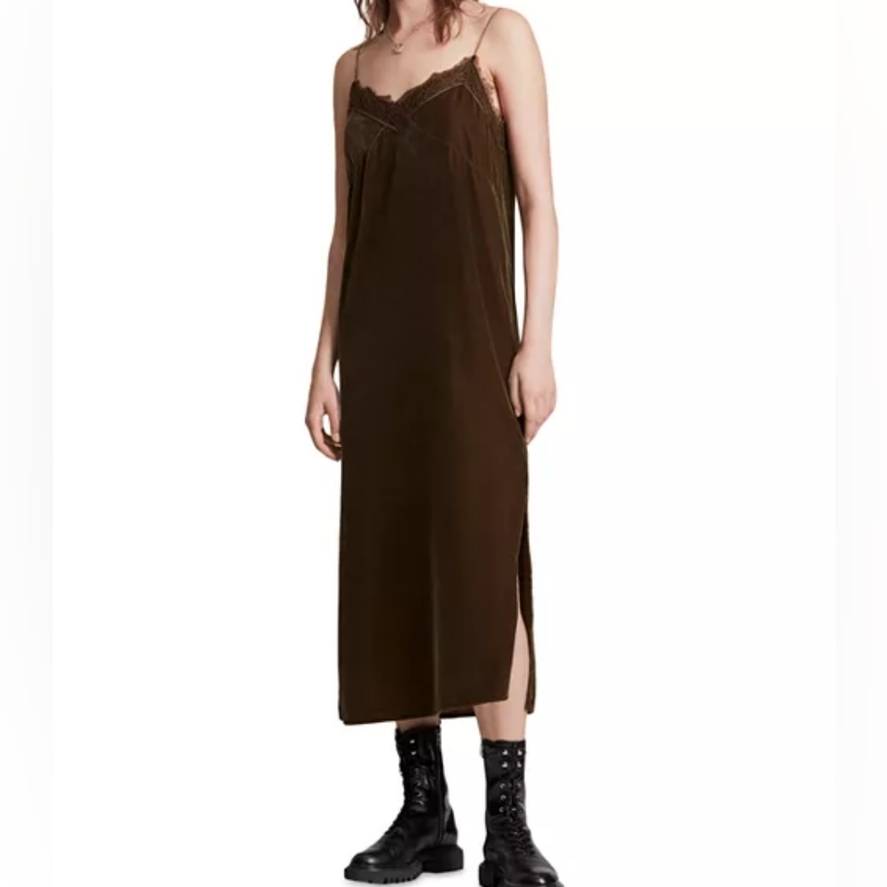 All Saints Noa Velvet Slip Dress in Khaki Green